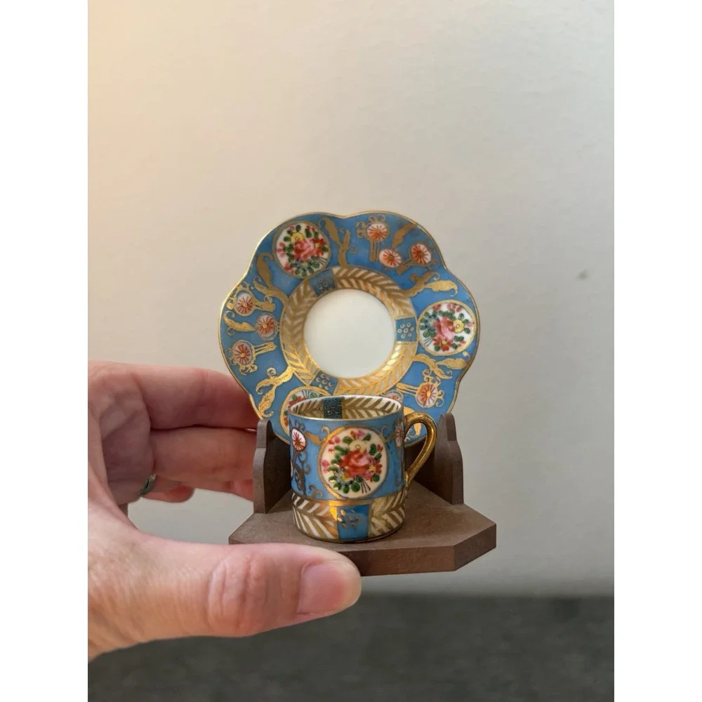 VTG Demitasse Cup & Saucer Porcelain Hand Painted Blue & Gold Floral Hokutosha